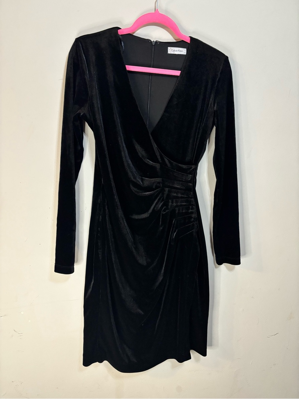 Calvin Klein Black Velvet Long Sleeve Wrap-Style Dress